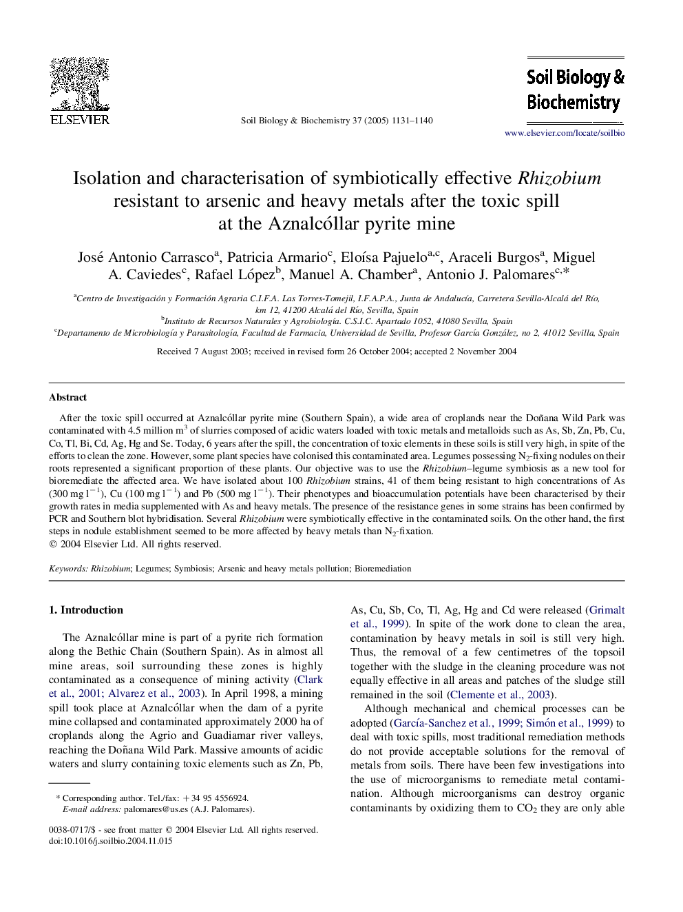 Isolation and characterisation of symbiotically effective Rhizobium resistant to arsenic and heavy metals after the toxic spill at the Aznalcóllar pyrite mine