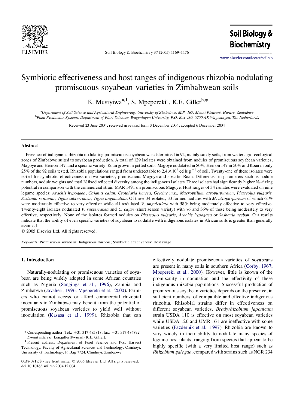 Symbiotic effectiveness and host ranges of indigenous rhizobia nodulating promiscuous soyabean varieties in Zimbabwean soils