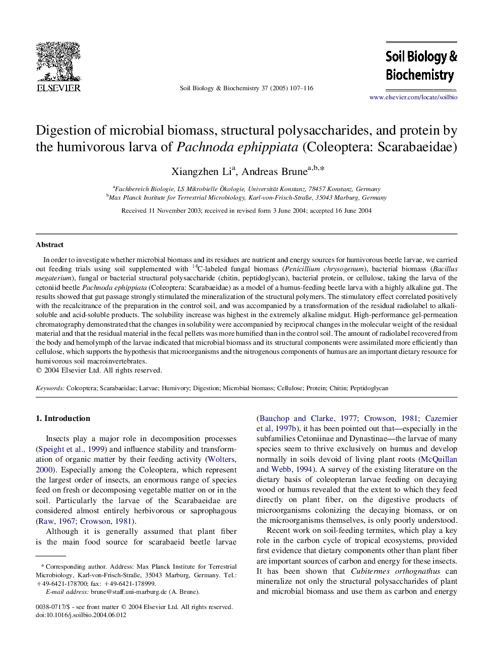 Digestion of microbial biomass, structural polysaccharides, and protein by the humivorous larva of Pachnoda ephippiata (Coleoptera: Scarabaeidae)