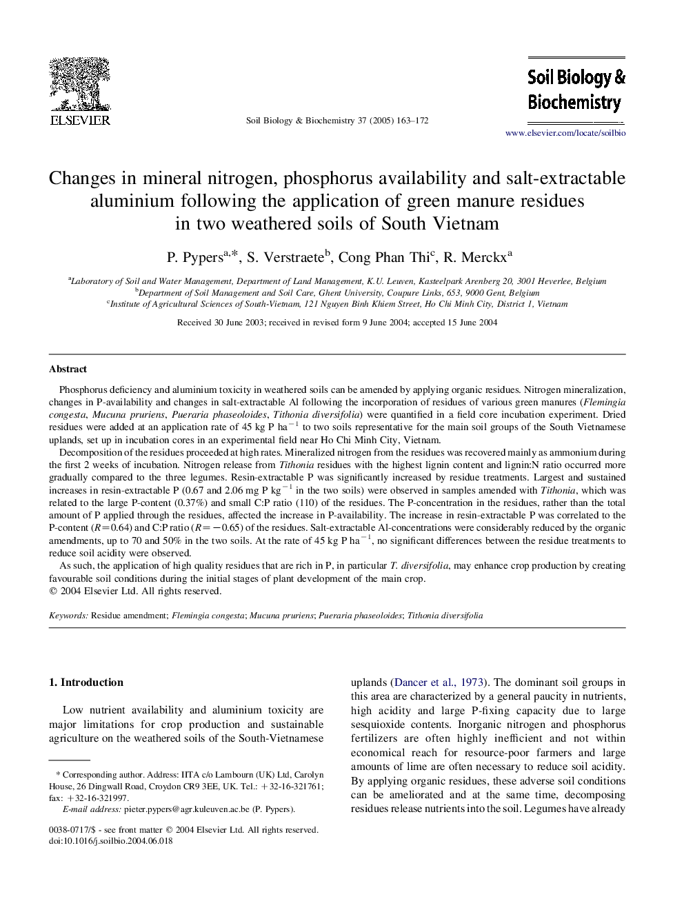 Changes in mineral nitrogen, phosphorus availability and salt-extractable aluminium following the application of green manure residues in two weathered soils of South Vietnam