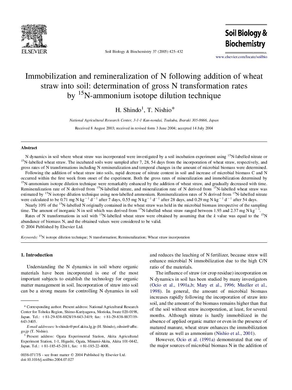 Immobilization and remineralization of N following addition of wheat straw into soil: determination of gross N transformation rates by 15N-ammonium isotope dilution technique