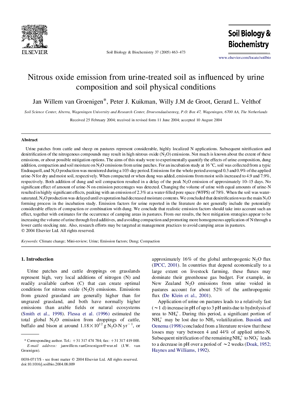 Nitrous oxide emission from urine-treated soil as influenced by urine composition and soil physical conditions