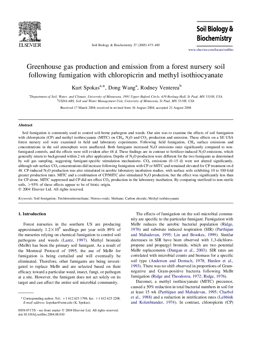 Greenhouse gas production and emission from a forest nursery soil following fumigation with chloropicrin and methyl isothiocyanate