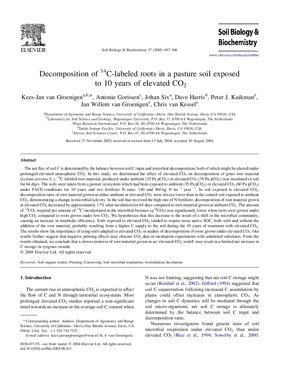 Decomposition of 14C-labeled roots in a pasture soil exposed to 10 years of elevated CO2