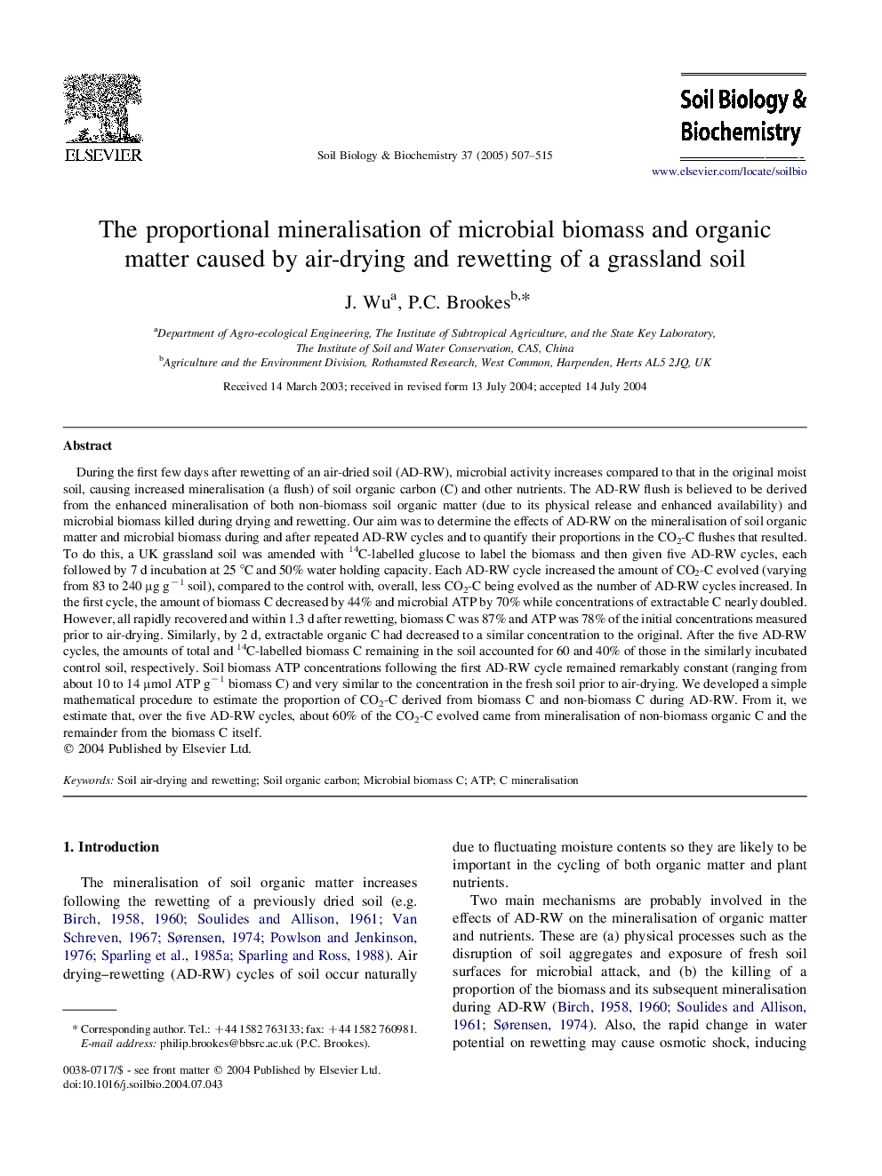 The proportional mineralisation of microbial biomass and organic matter caused by air-drying and rewetting of a grassland soil