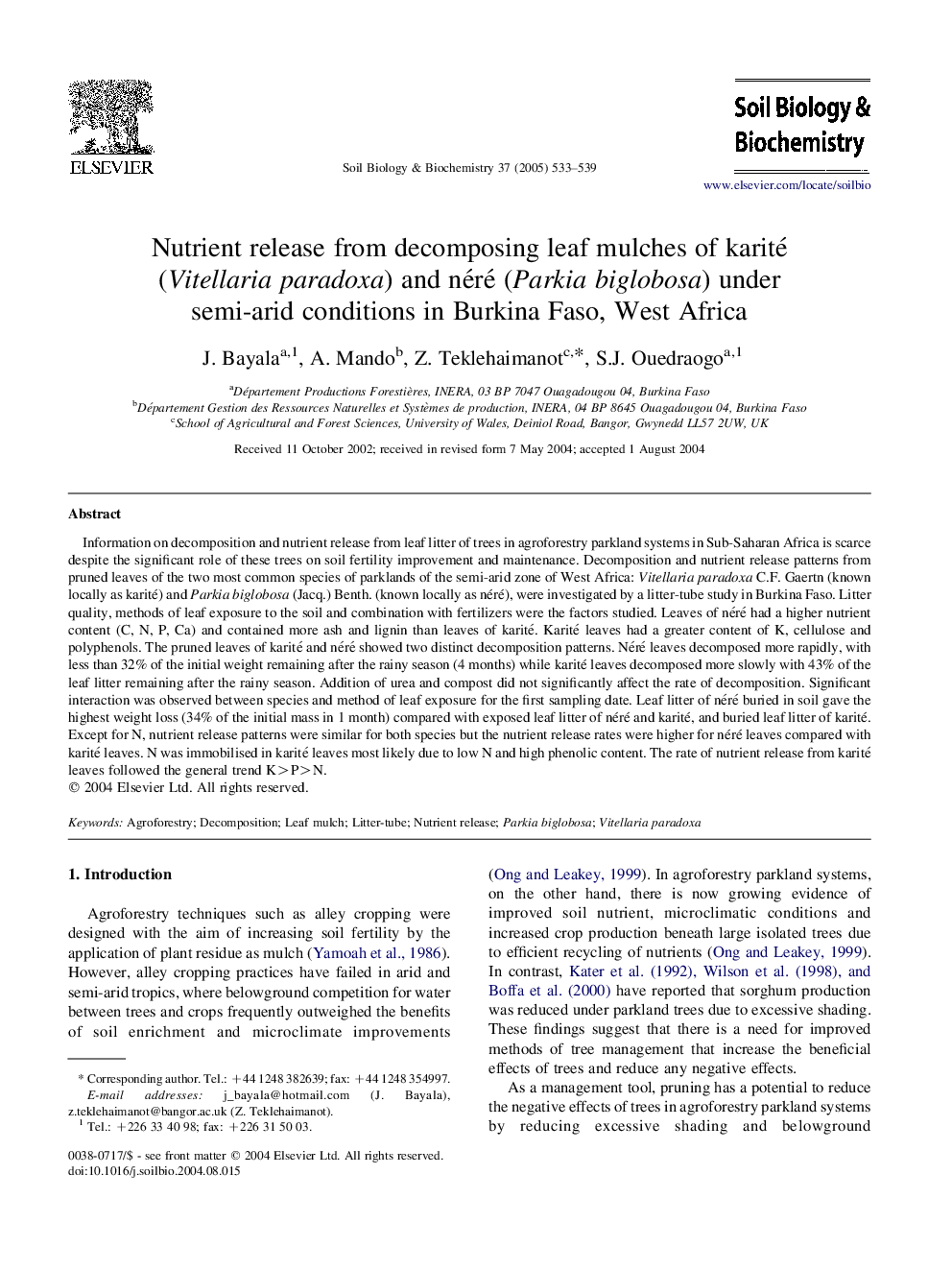 Nutrient release from decomposing leaf mulches of karité (Vitellaria paradoxa) and néré (Parkia biglobosa) under semi-arid conditions in Burkina Faso, West Africa