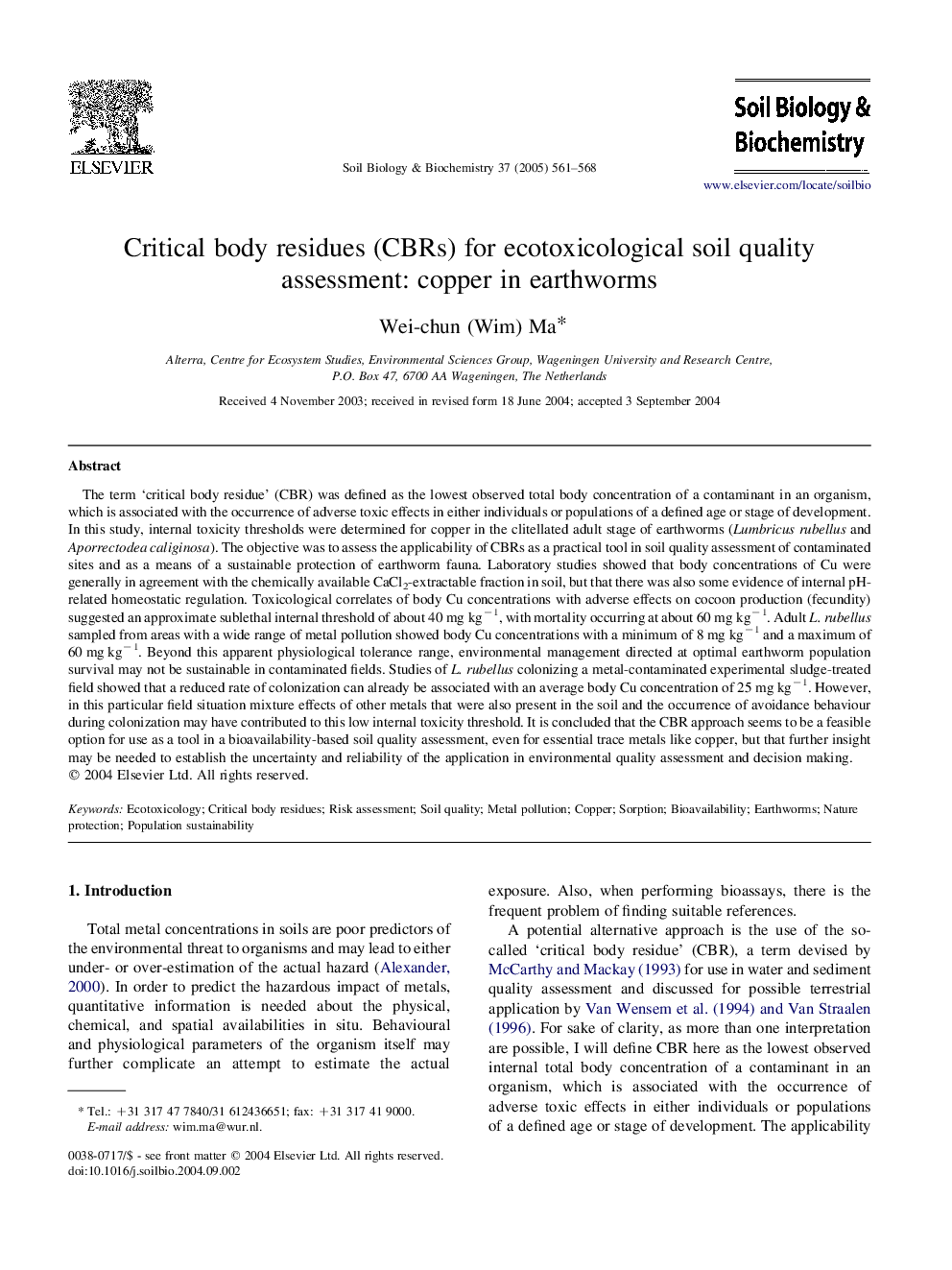 Critical body residues (CBRs) for ecotoxicological soil quality assessment: copper in earthworms