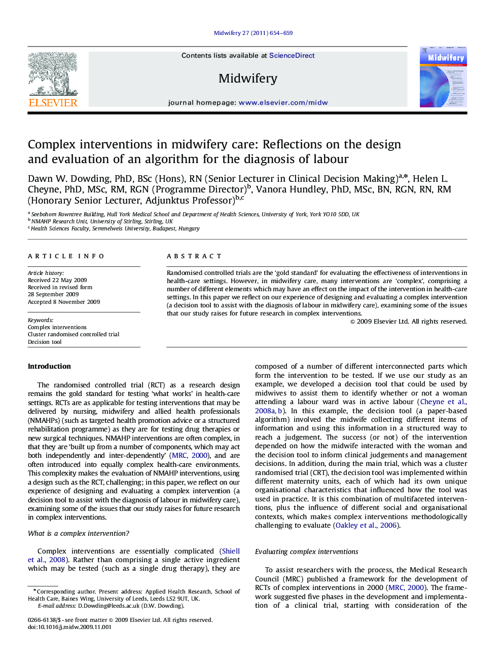 Complex interventions in midwifery care: Reflections on the design and evaluation of an algorithm for the diagnosis of labour