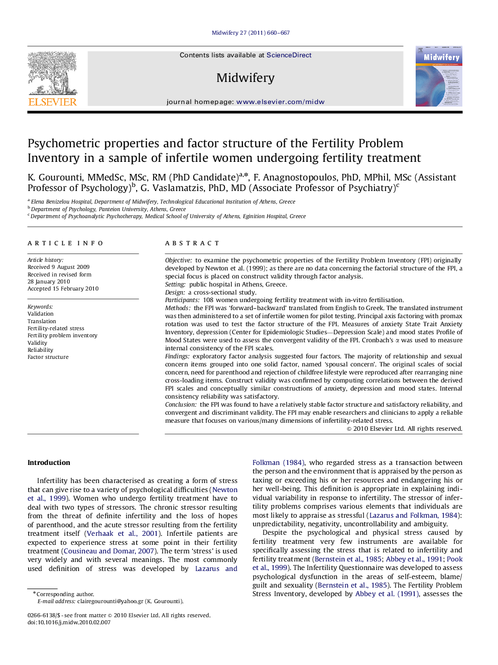 Psychometric properties and factor structure of the Fertility Problem Inventory in a sample of infertile women undergoing fertility treatment