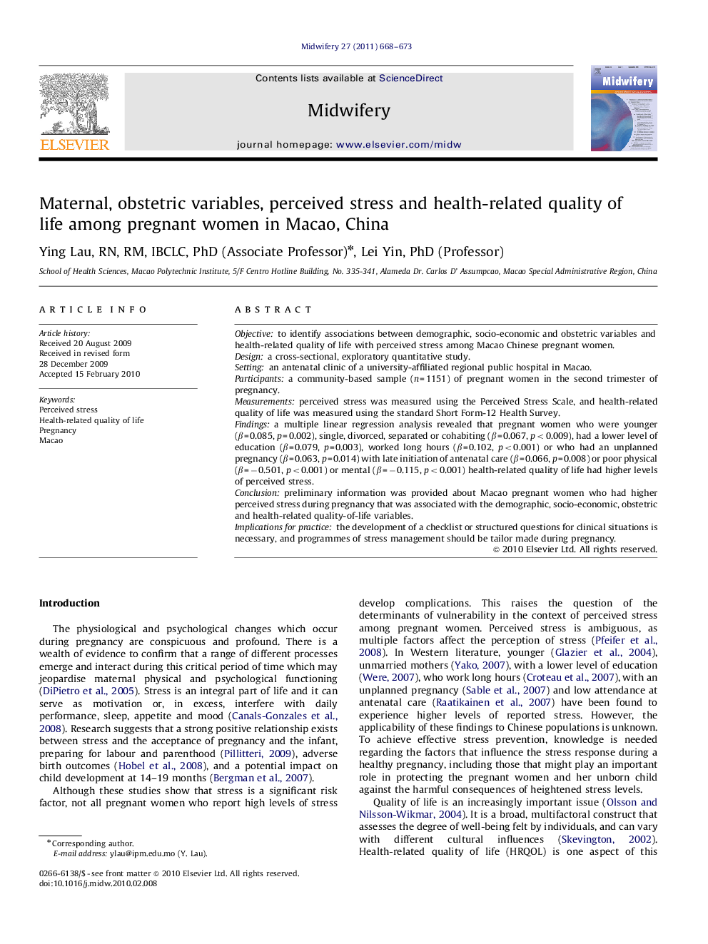 Maternal, obstetric variables, perceived stress and health-related quality of life among pregnant women in Macao, China