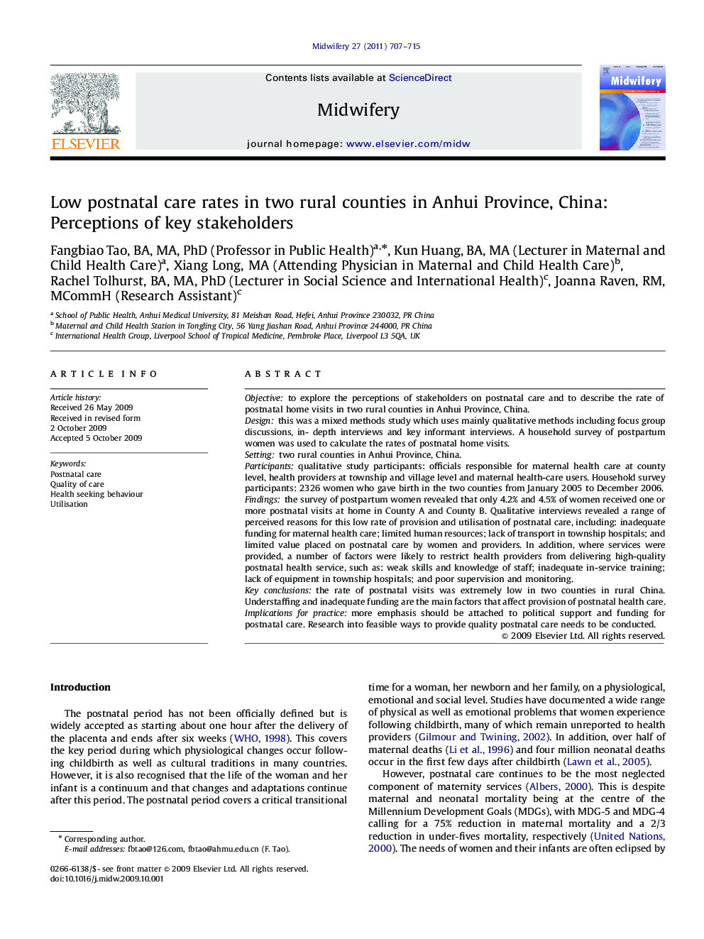 Low postnatal care rates in two rural counties in Anhui Province, China: Perceptions of key stakeholders