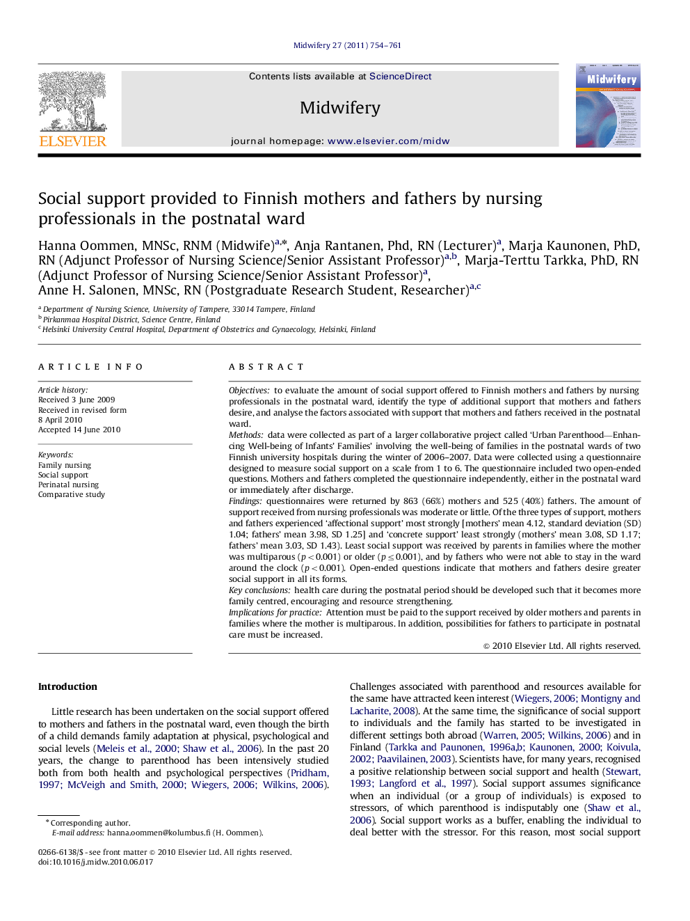 Social support provided to Finnish mothers and fathers by nursing professionals in the postnatal ward