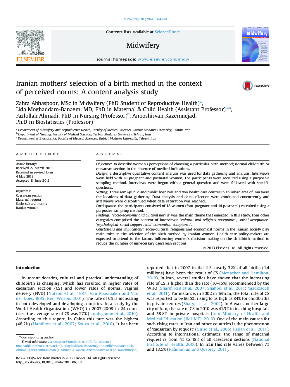 Iranian mothers' selection of a birth method in the context of perceived norms: A content analysis study