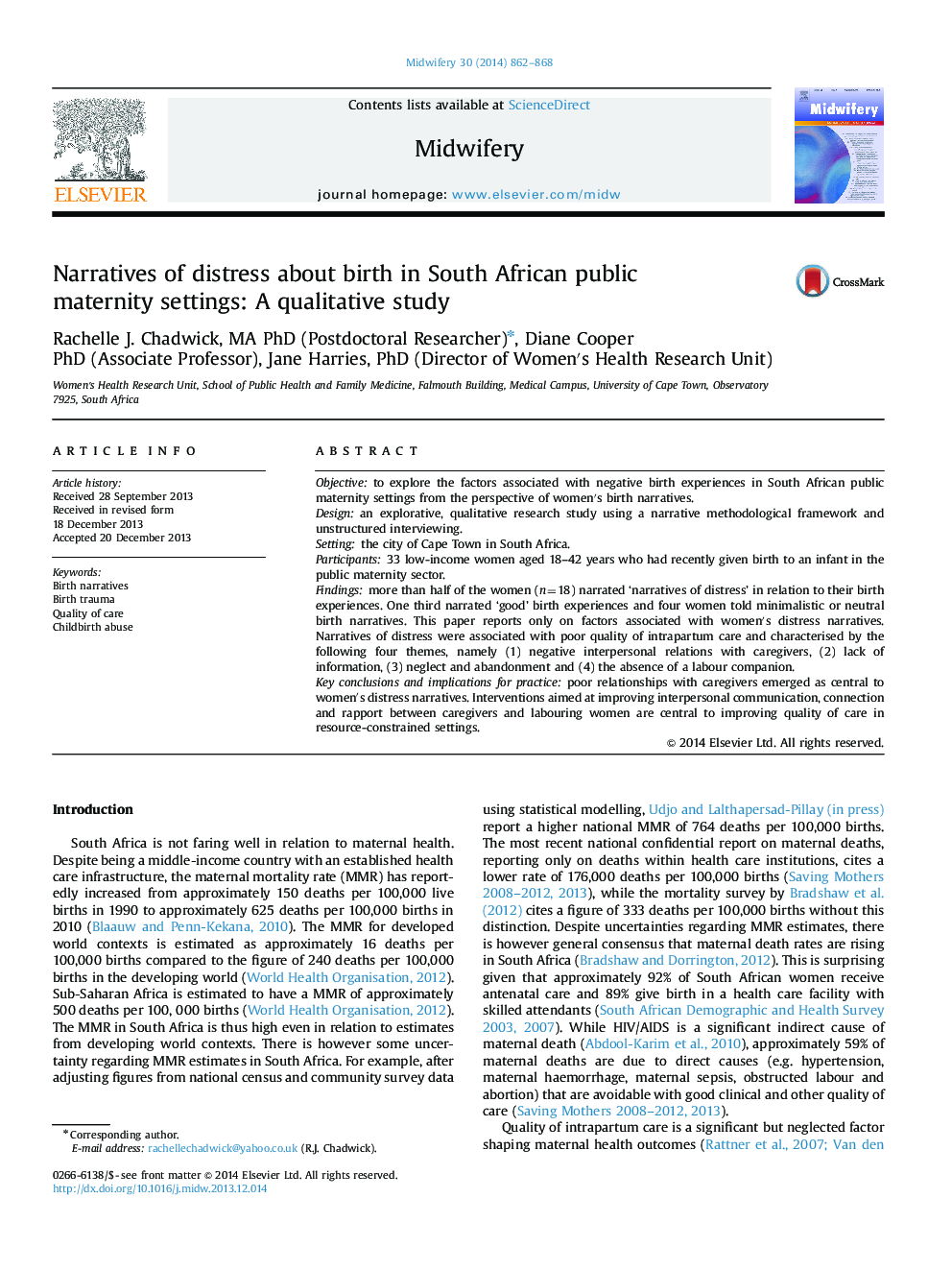 Narratives of distress about birth in South African public maternity settings: A qualitative study