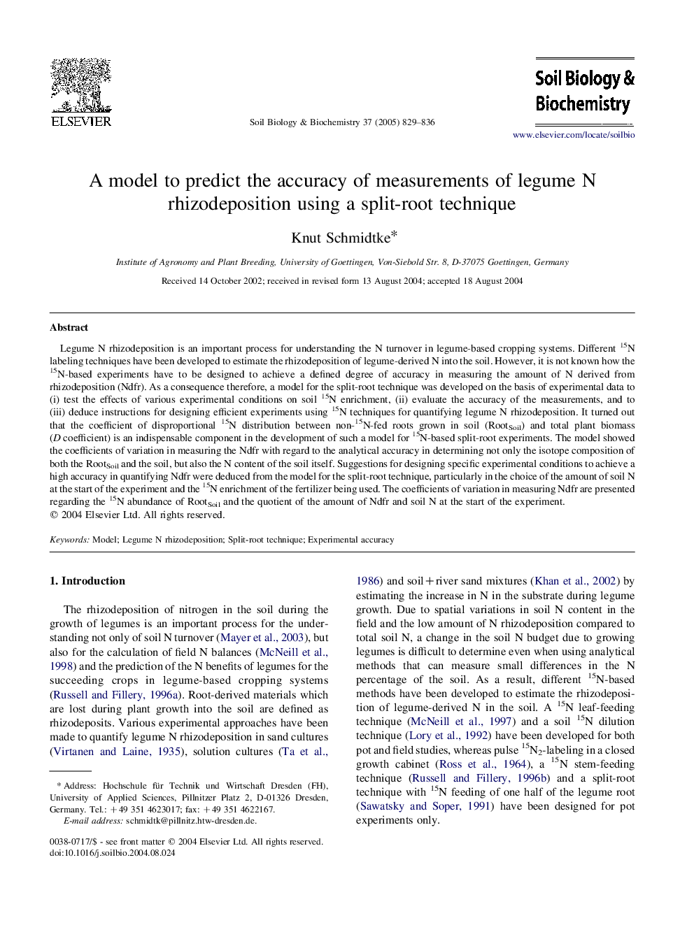 A model to predict the accuracy of measurements of legume N rhizodeposition using a split-root technique