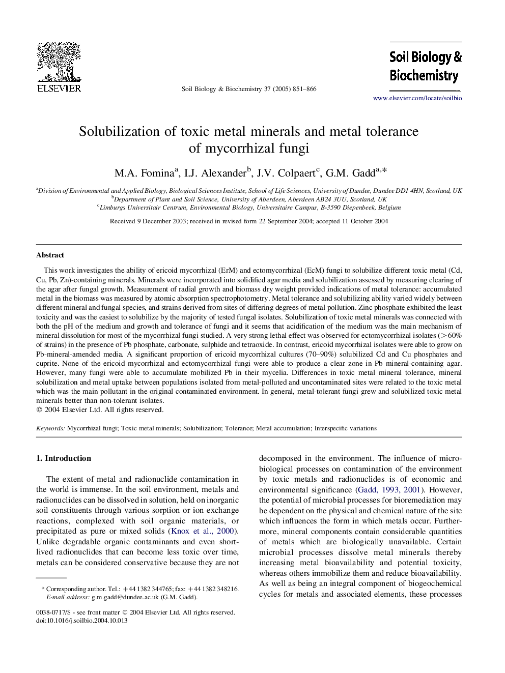 Solubilization of toxic metal minerals and metal tolerance of mycorrhizal fungi