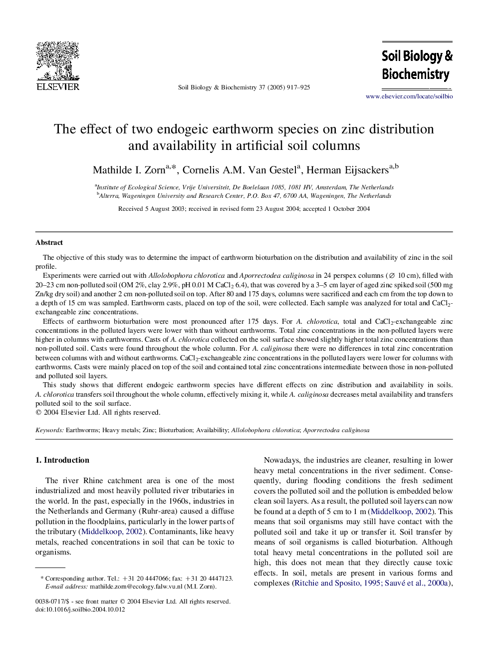 The effect of two endogeic earthworm species on zinc distribution and availability in artificial soil columns