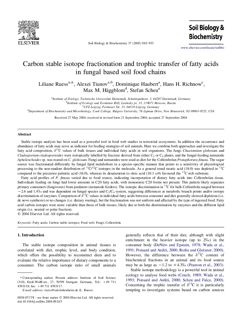 Carbon stable isotope fractionation and trophic transfer of fatty acids in fungal based soil food chains