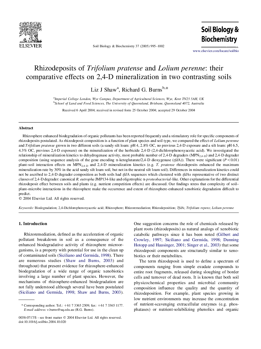 Rhizodeposits of Trifolium pratense and Lolium perenne: their comparative effects on 2,4-D mineralization in two contrasting soils