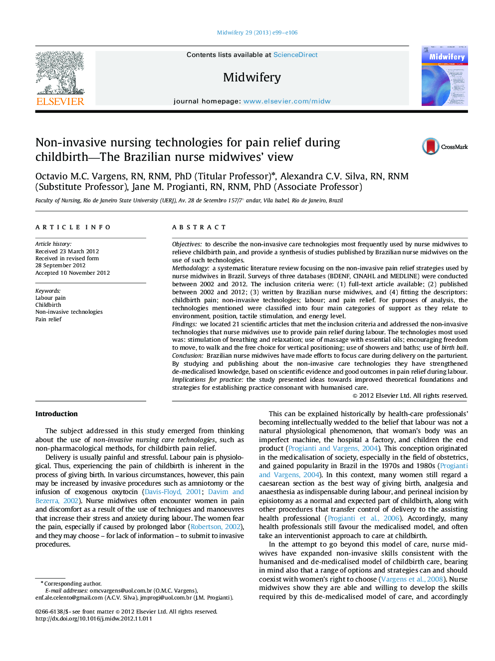 Non-invasive nursing technologies for pain relief during childbirth—The Brazilian nurse midwives' view