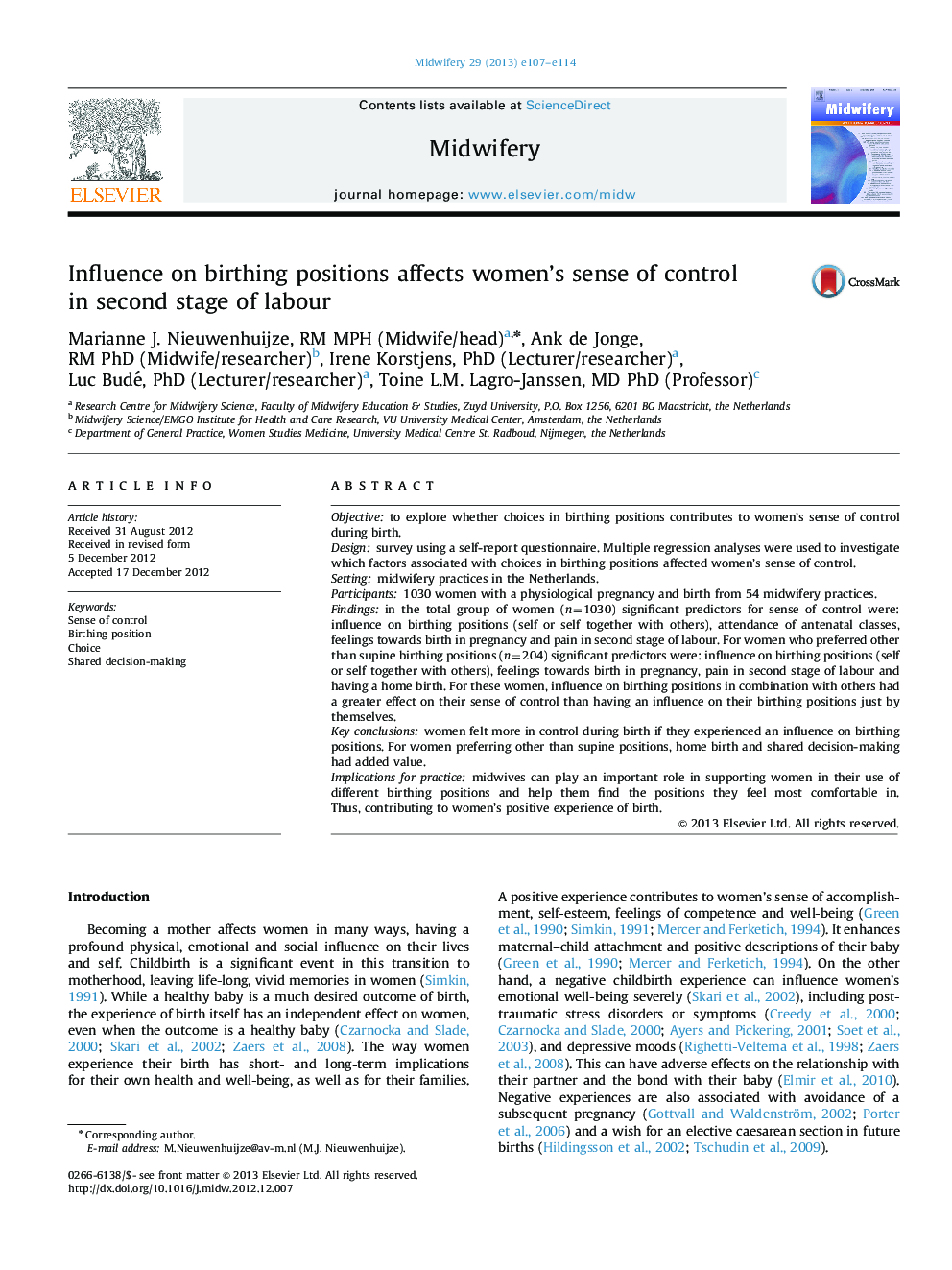 Influence on birthing positions affects women's sense of control in second stage of labour