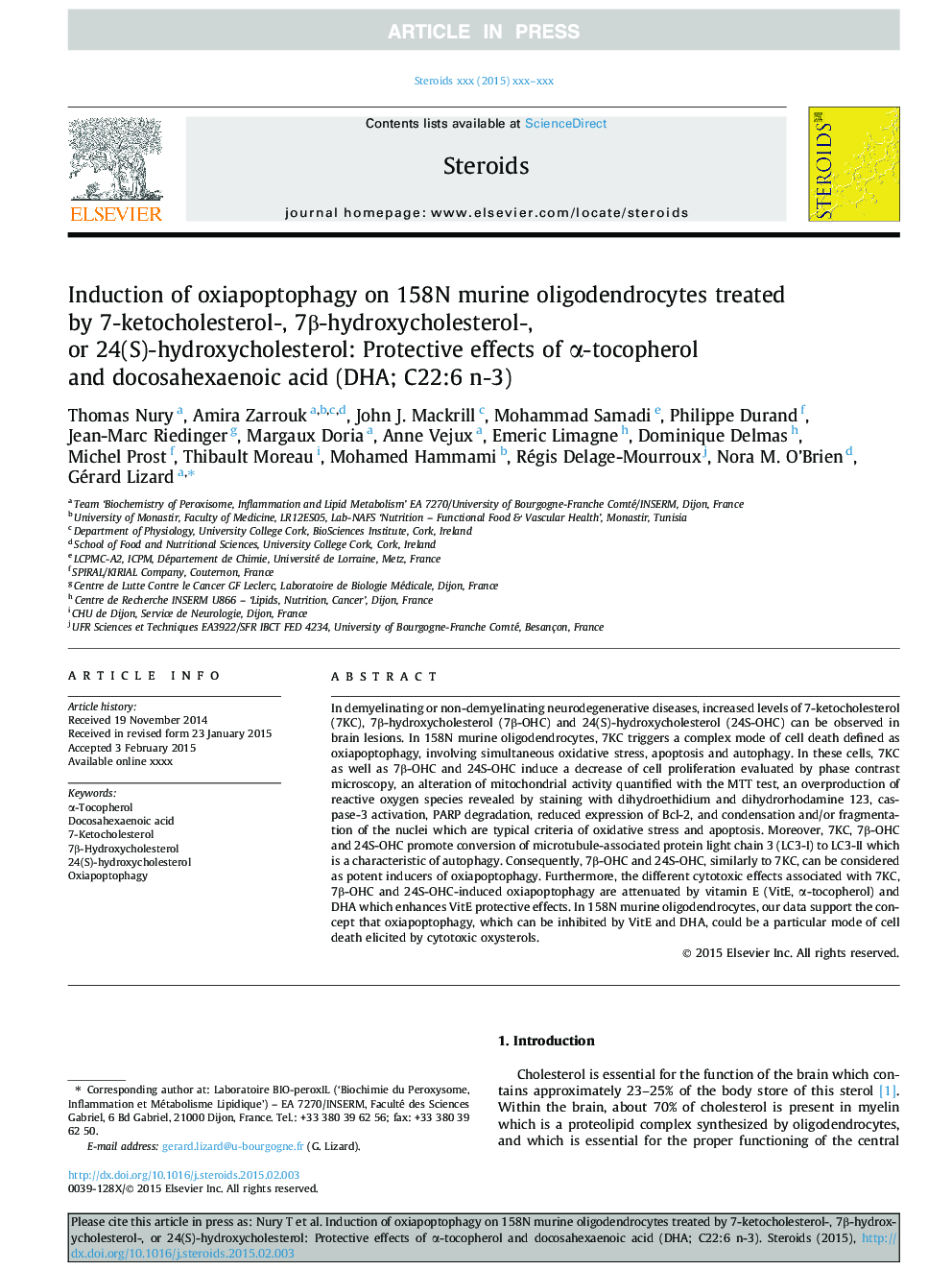 Induction of oxiapoptophagy on 158N murine oligodendrocytes treated by 7-ketocholesterol-, 7Î²-hydroxycholesterol-, or 24(S)-hydroxycholesterol: Protective effects of Î±-tocopherol and docosahexaenoic acid (DHA; C22:6 n-3)
