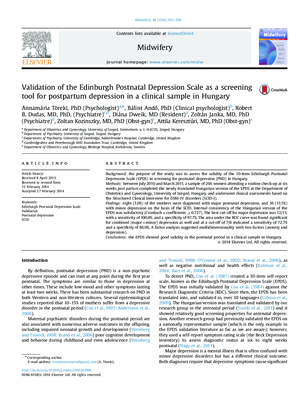 اعتبار مقیاس افسردگی پس از زایمان ادینبورگ به عنوان یک ابزار غربالگری برای افسردگی پس از زایمان در یک نمونه بالینی در مجارستان 