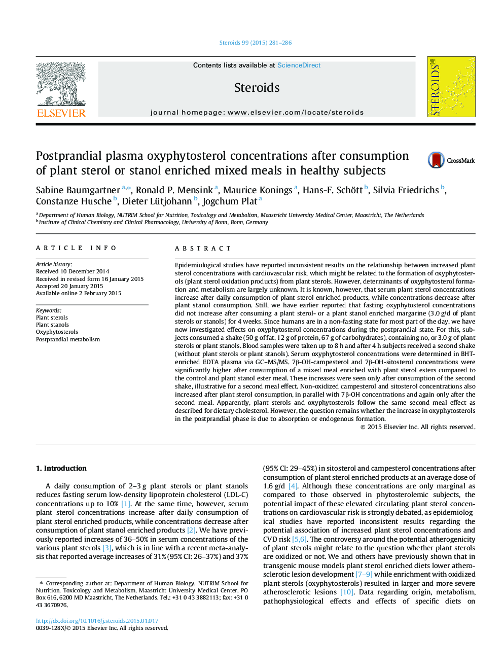 Postprandial plasma oxyphytosterol concentrations after consumption of plant sterol or stanol enriched mixed meals in healthy subjects