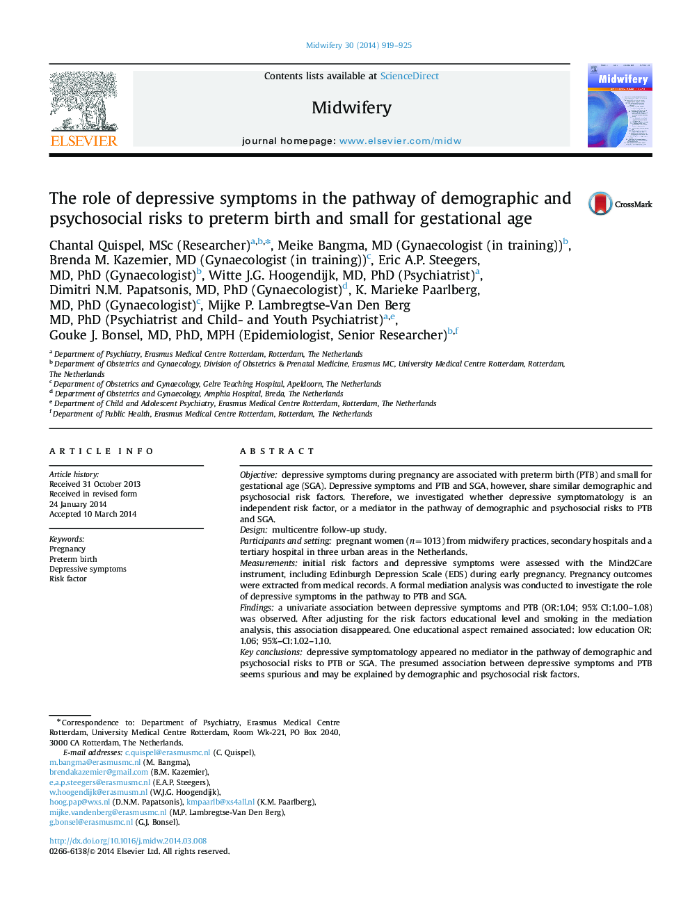 The role of depressive symptoms in the pathway of demographic and psychosocial risks to preterm birth and small for gestational age