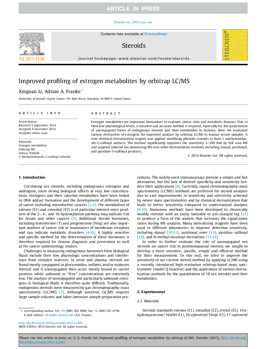 Improved profiling of estrogen metabolites by orbitrap LC/MS