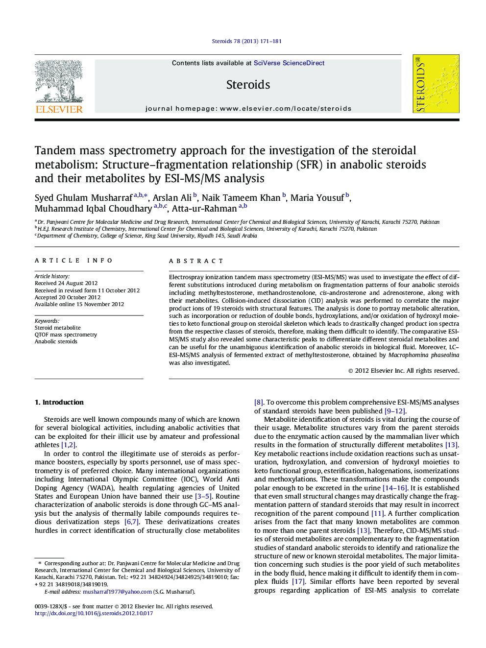 Tandem mass spectrometry approach for the investigation of the steroidal metabolism: Structure-fragmentation relationship (SFR) in anabolic steroids and their metabolites by ESI-MS/MS analysis