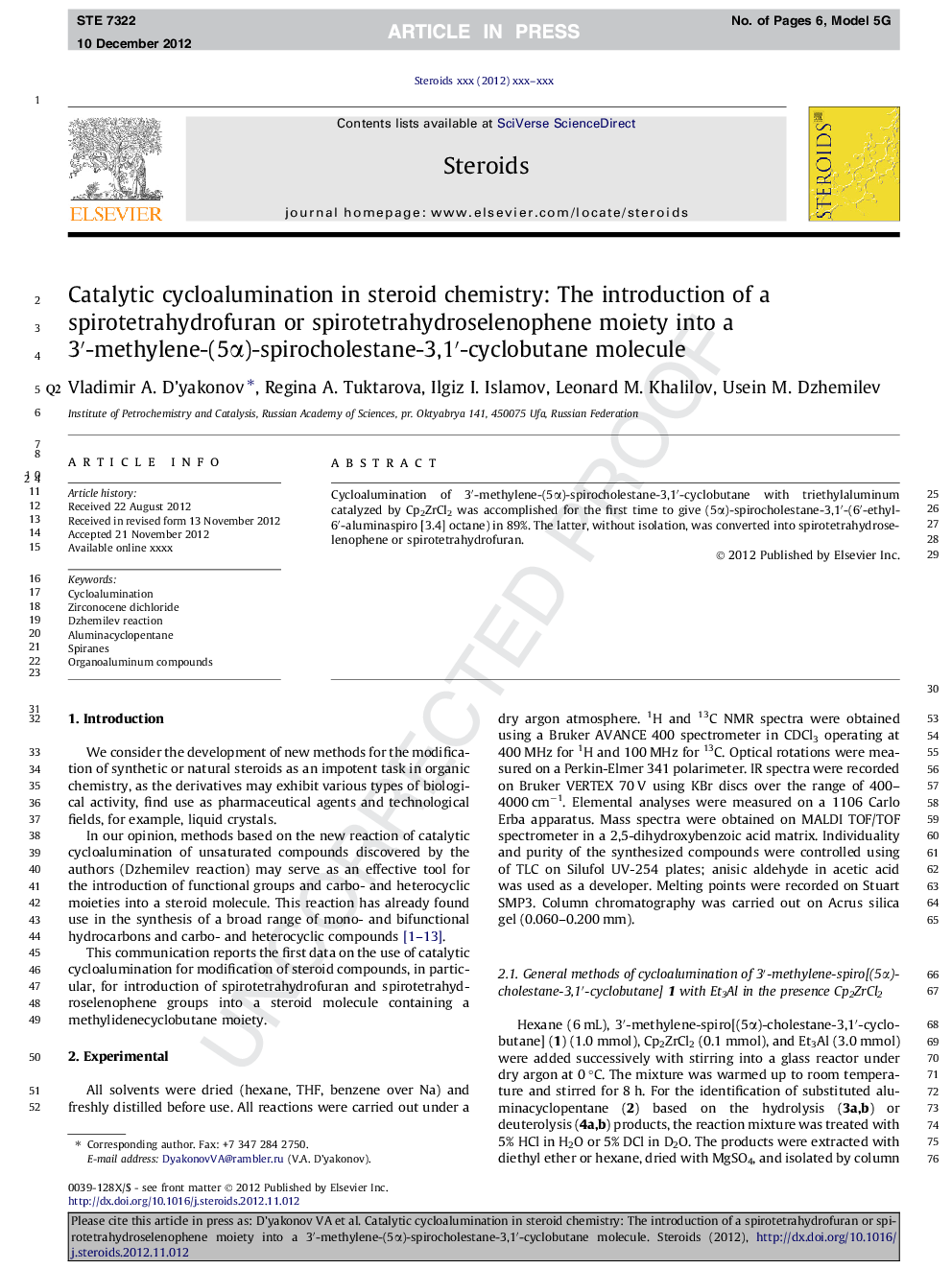 Catalytic cycloalumination in steroid chemistry: The introduction of a spirotetrahydrofuran or spirotetrahydroselenophene moiety into a 3â²-methylene-(5Î±)-spirocholestane-3,1â²-cyclobutane molecule