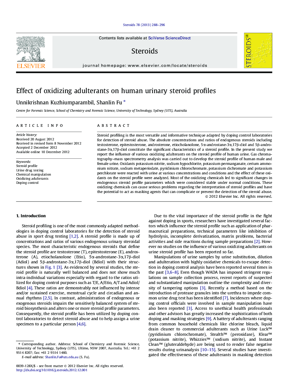 Effect of oxidizing adulterants on human urinary steroid profiles