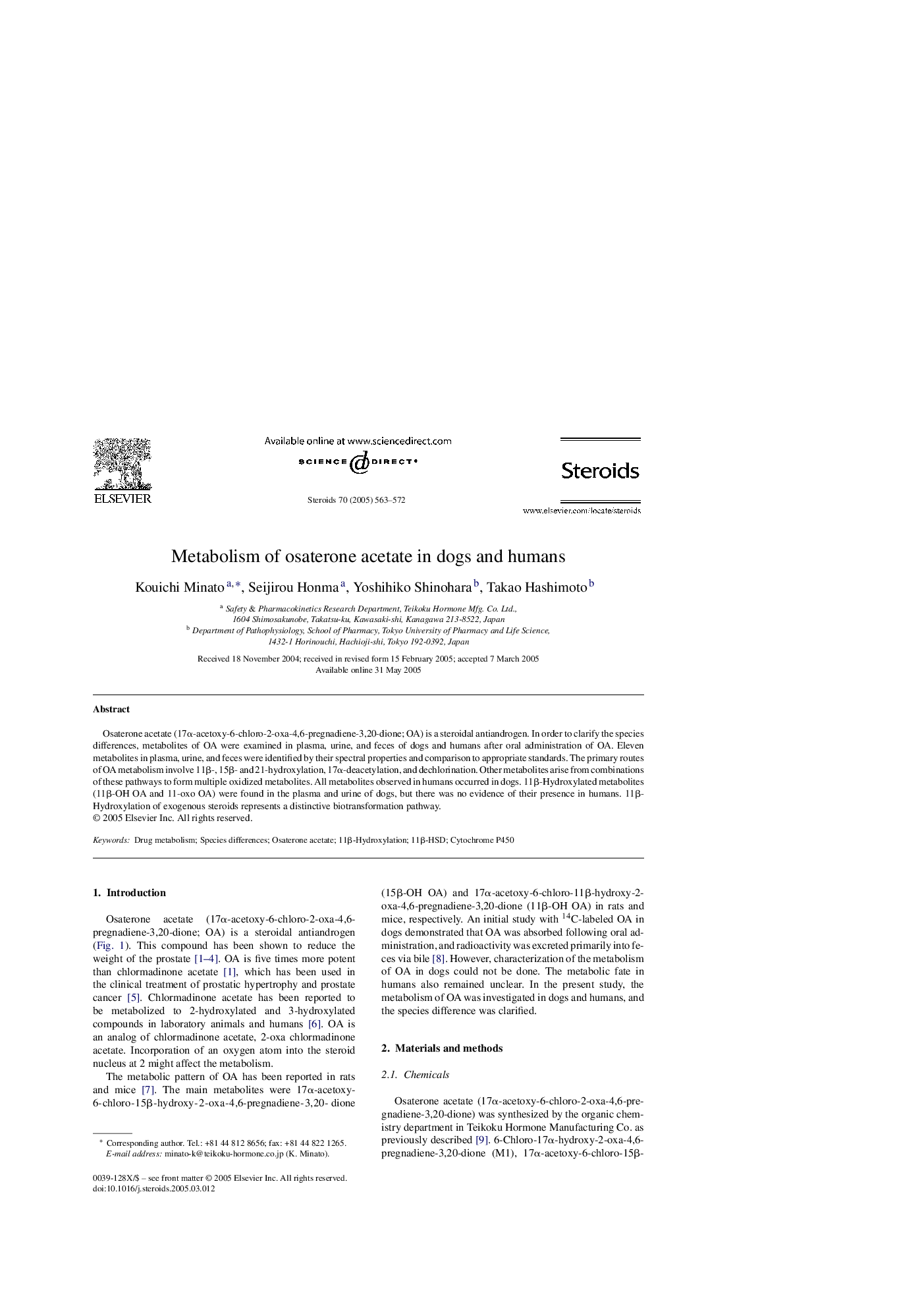 Metabolism of osaterone acetate in dogs and humans