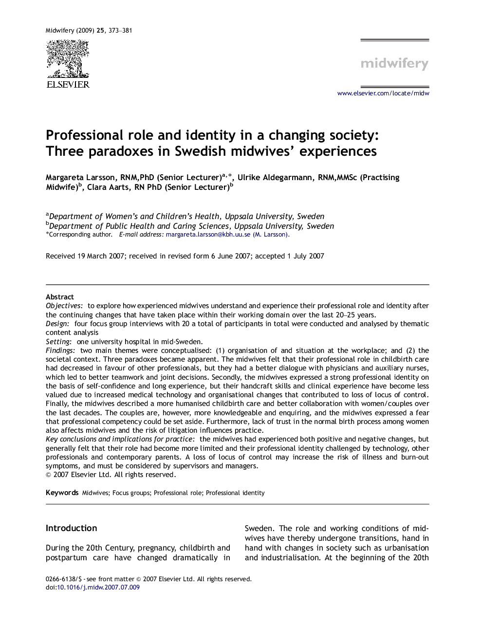 Professional role and identity in a changing society: Three paradoxes in Swedish midwives’ experiences