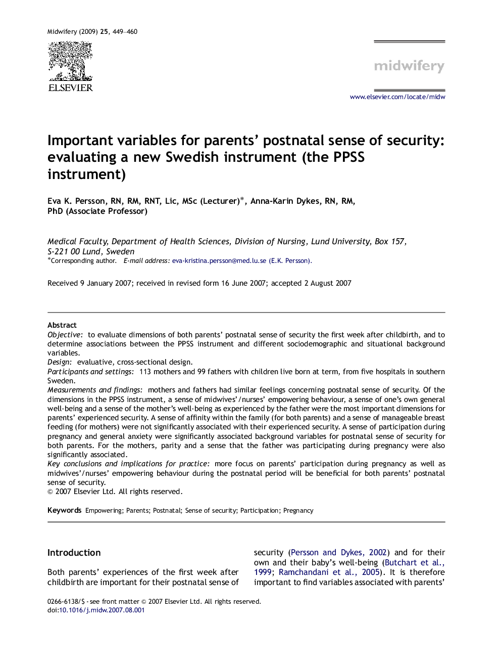 Important variables for parents’ postnatal sense of security: evaluating a new Swedish instrument (the PPSS instrument)