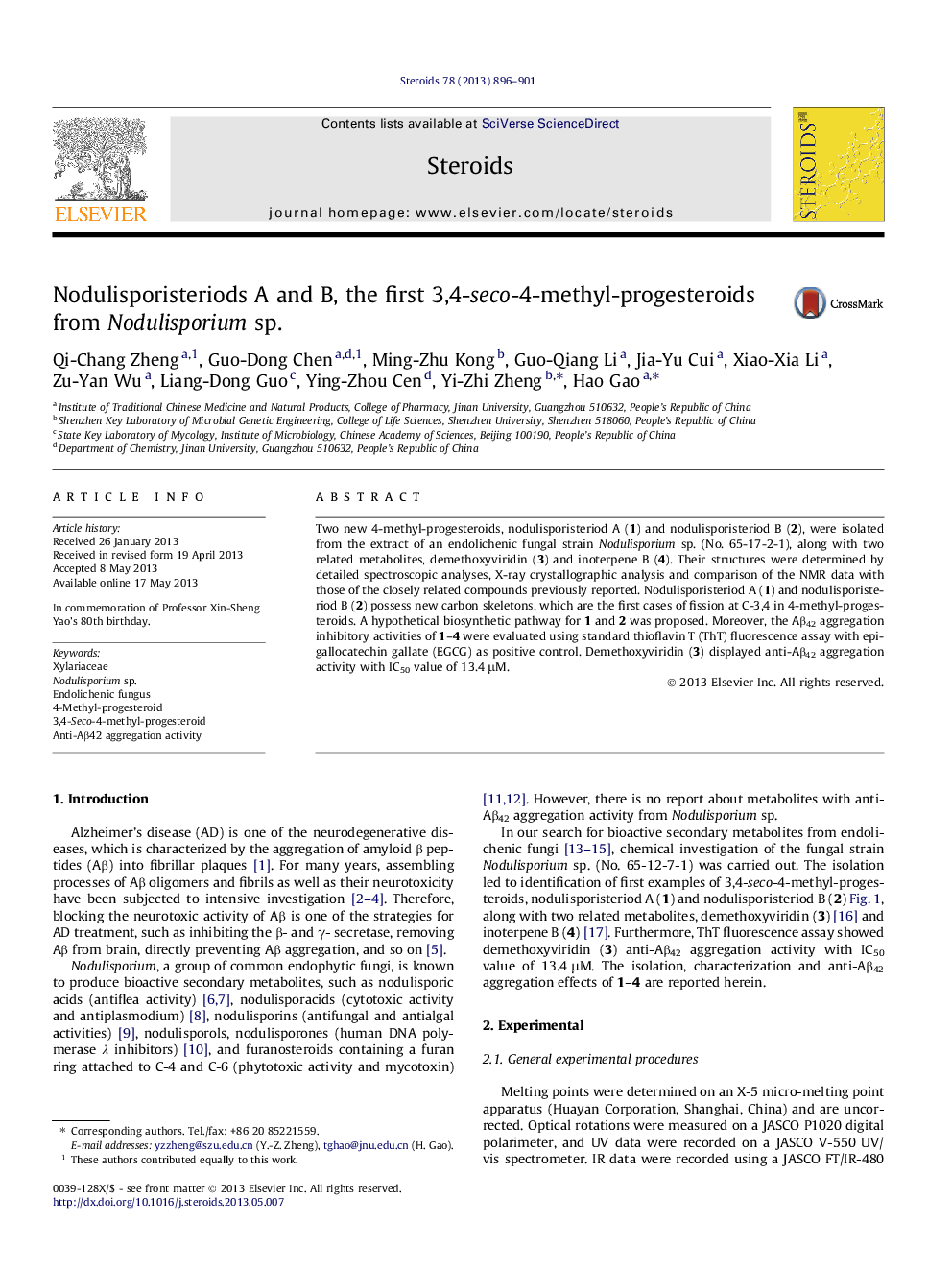 Nodulisporisteriods A and B, the first 3,4-seco-4-methyl-progesteroids from Nodulisporium sp.