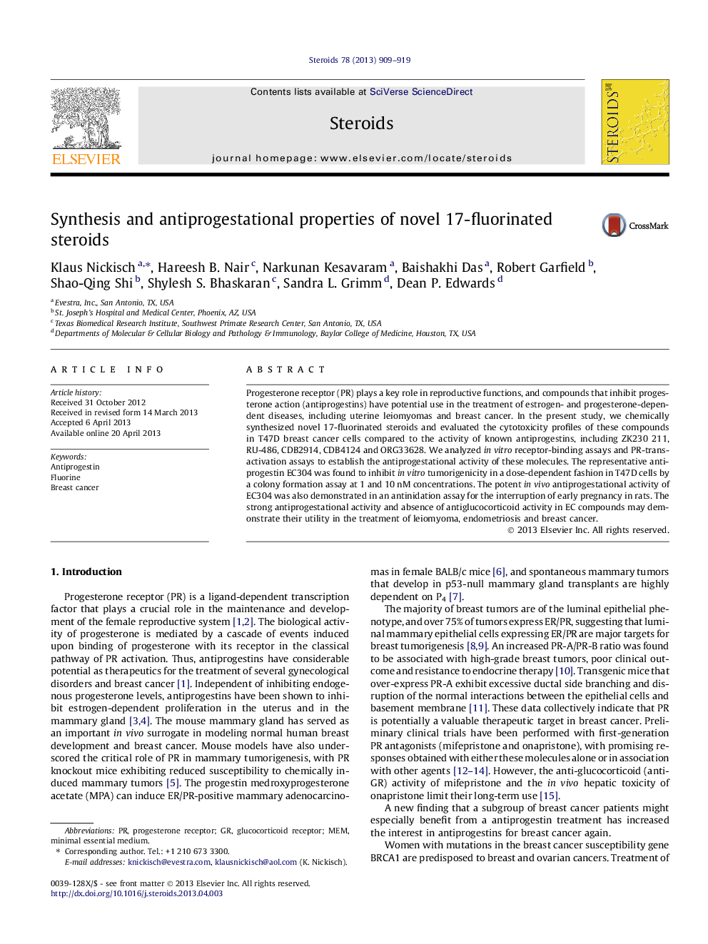 Synthesis and antiprogestational properties of novel 17-fluorinated steroids