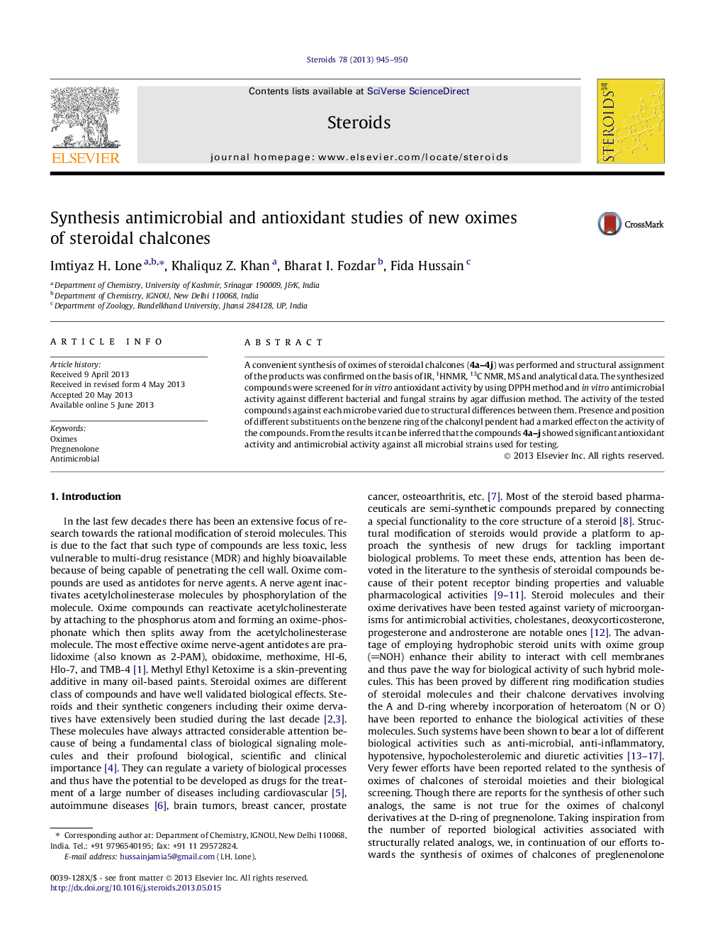 Synthesis antimicrobial and antioxidant studies of new oximes of steroidal chalcones