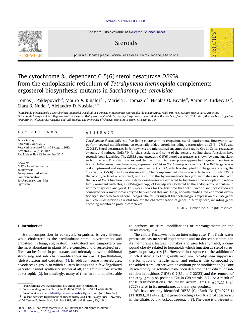 The cytochrome b5 dependent C-5(6) sterol desaturase DES5A from the endoplasmic reticulum of Tetrahymena thermophila complements ergosterol biosynthesis mutants in Saccharomyces cerevisiae