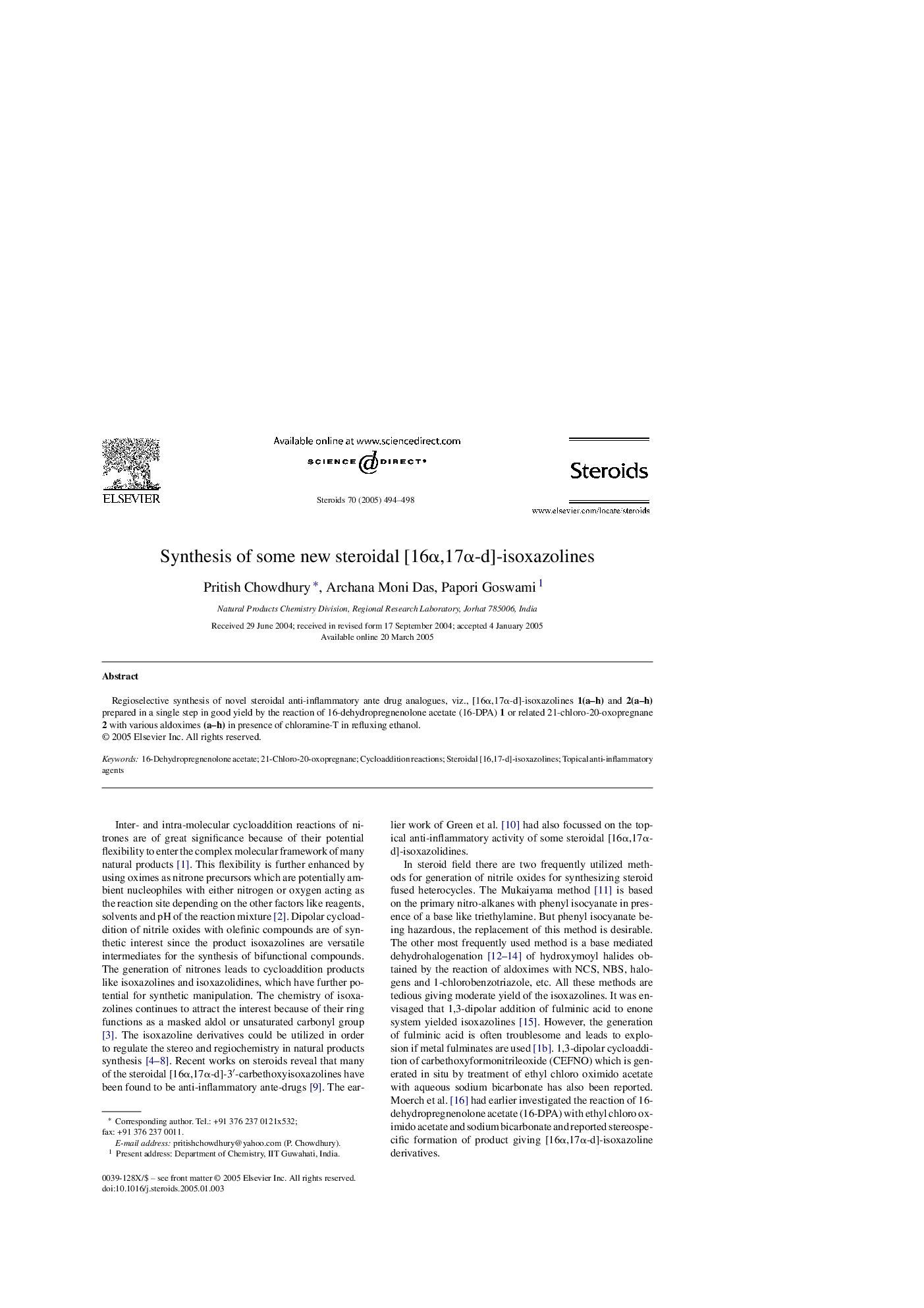 Synthesis of some new steroidal [16Î±,17Î±-d]-isoxazolines