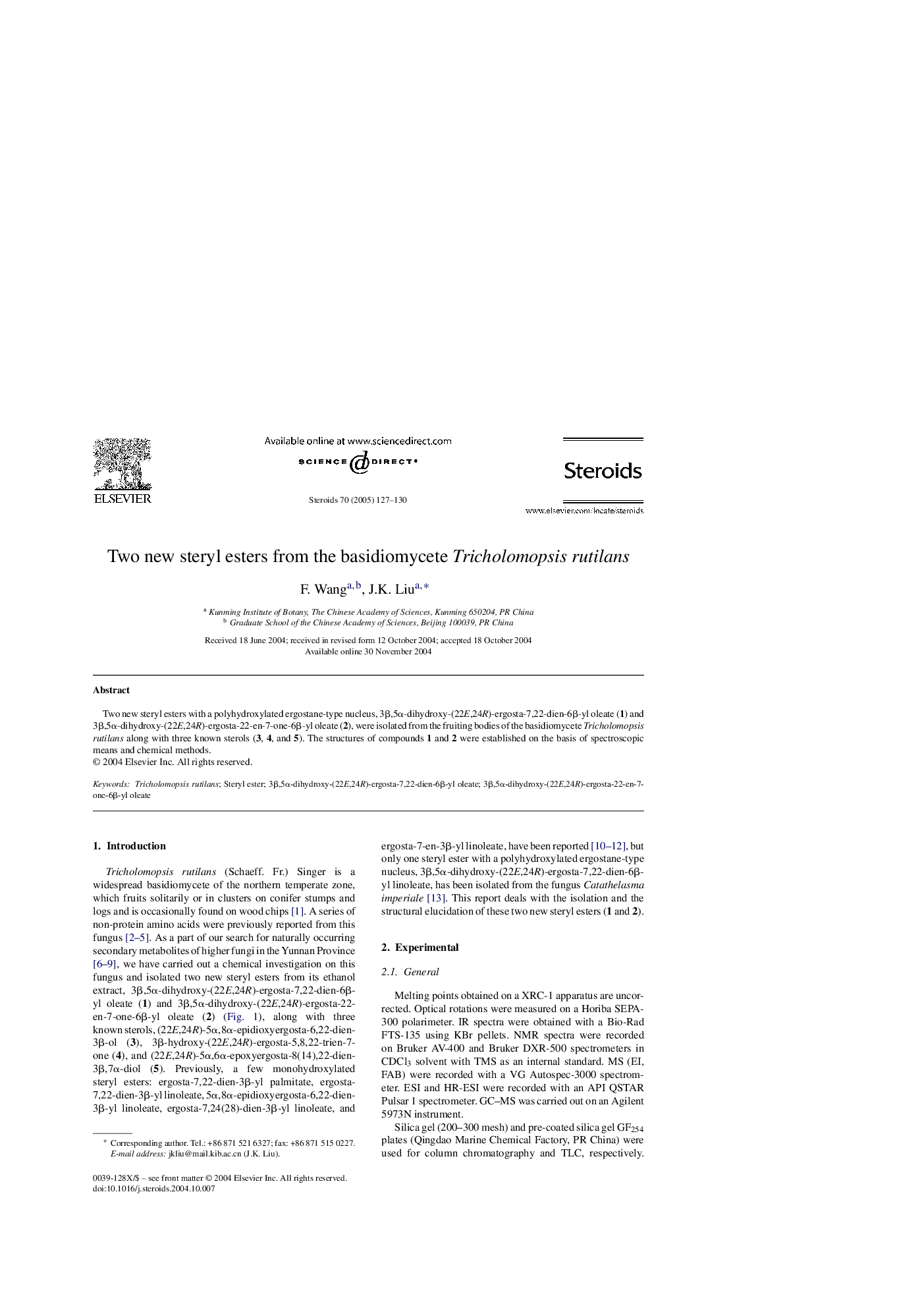 Two new steryl esters from the basidiomycete Tricholomopsis rutilans