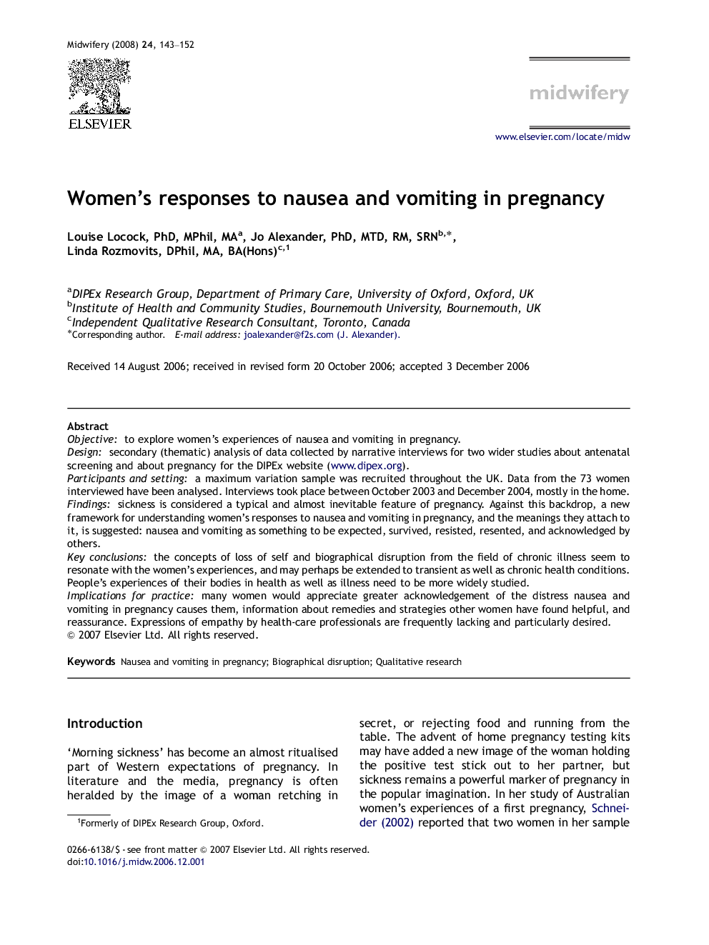 Women's responses to nausea and vomiting in pregnancy