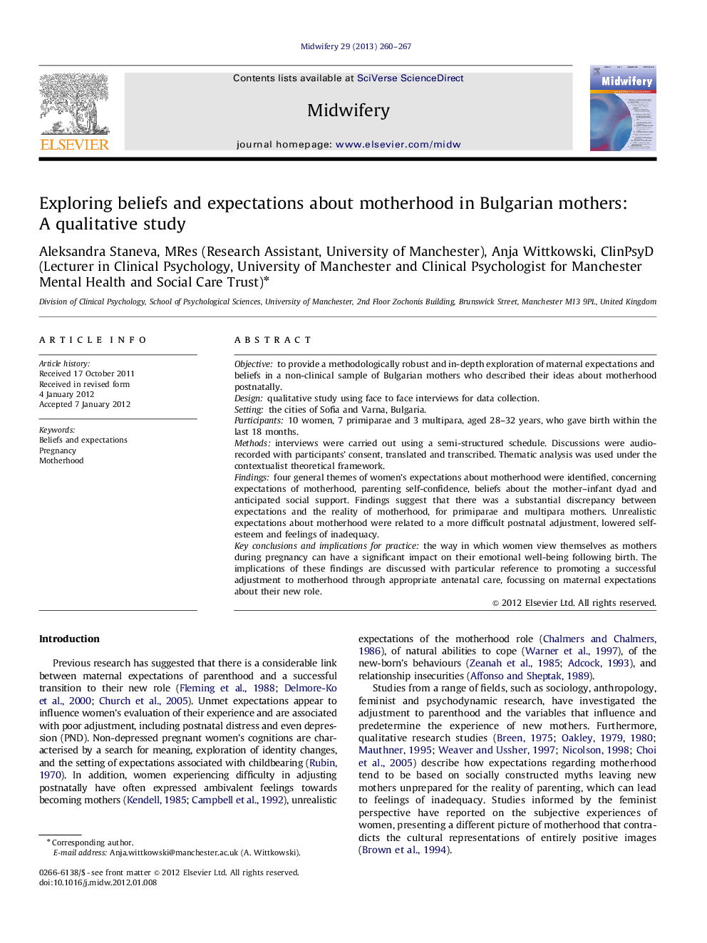 Exploring beliefs and expectations about motherhood in Bulgarian mothers: A qualitative study