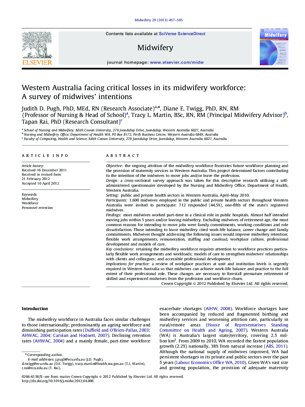 عکس صفحه اول مقاله: Western Australia facing critical losses in its midwifery workforce: A survey of midwives' intentions Western Australia facing critical losses in its midwifery workforce: A survey of midwives' intentions