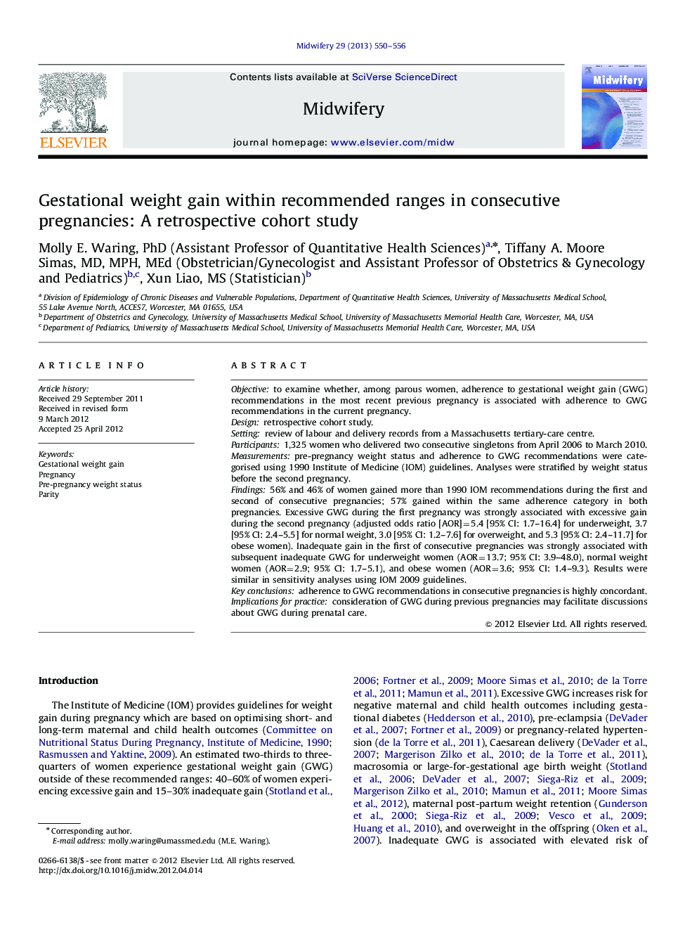 Gestational weight gain within recommended ranges in consecutive pregnancies: A retrospective cohort study