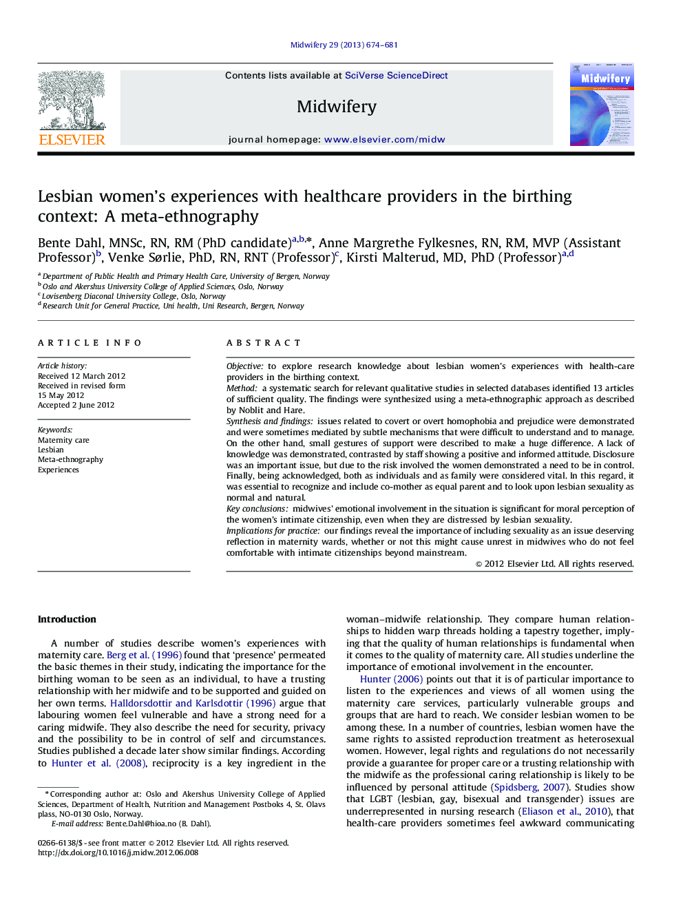 Lesbian women's experiences with healthcare providers in the birthing context: A meta-ethnography