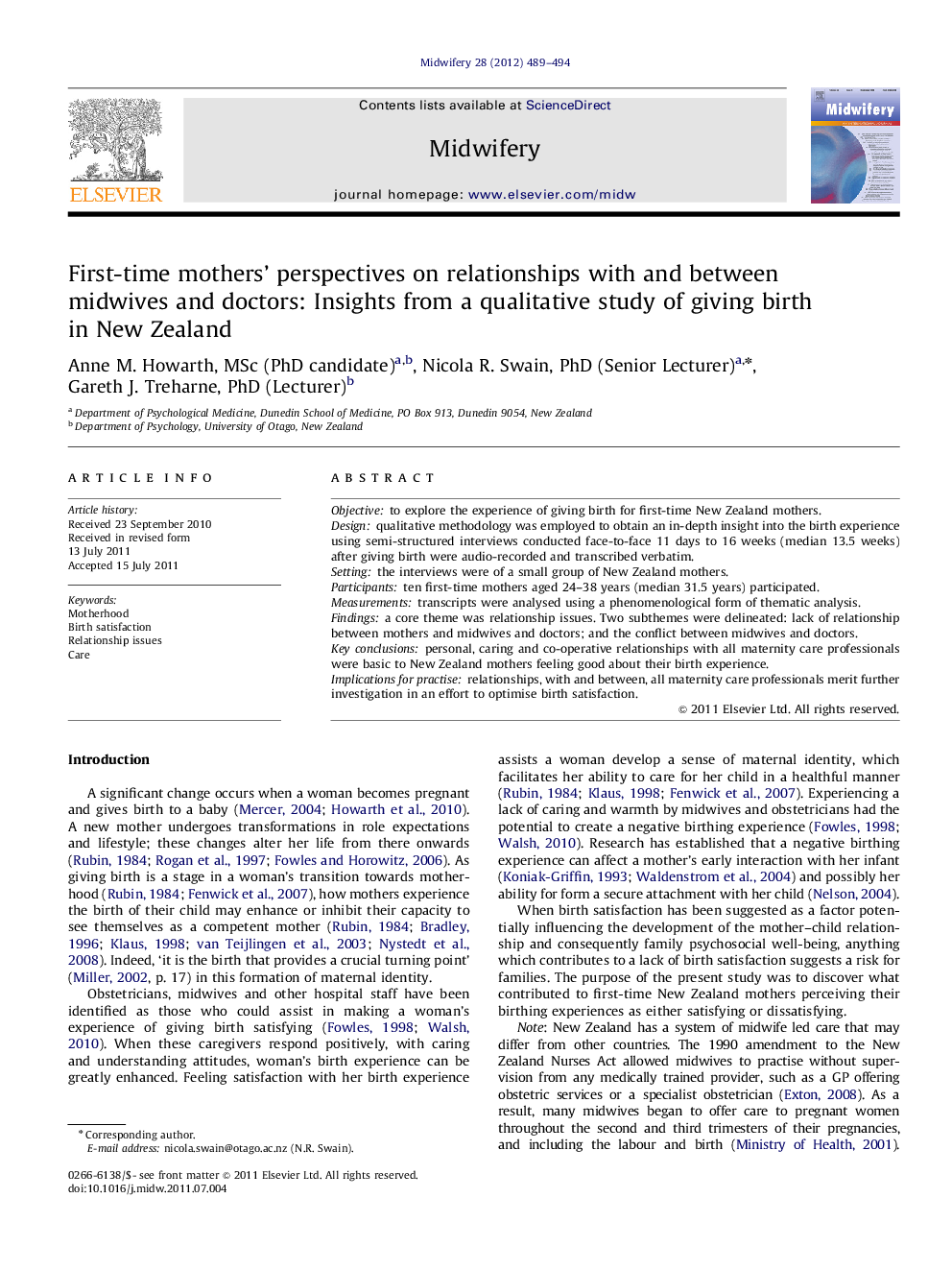 First-time mothers' perspectives on relationships with and between midwives and doctors: Insights from a qualitative study of giving birth in New Zealand