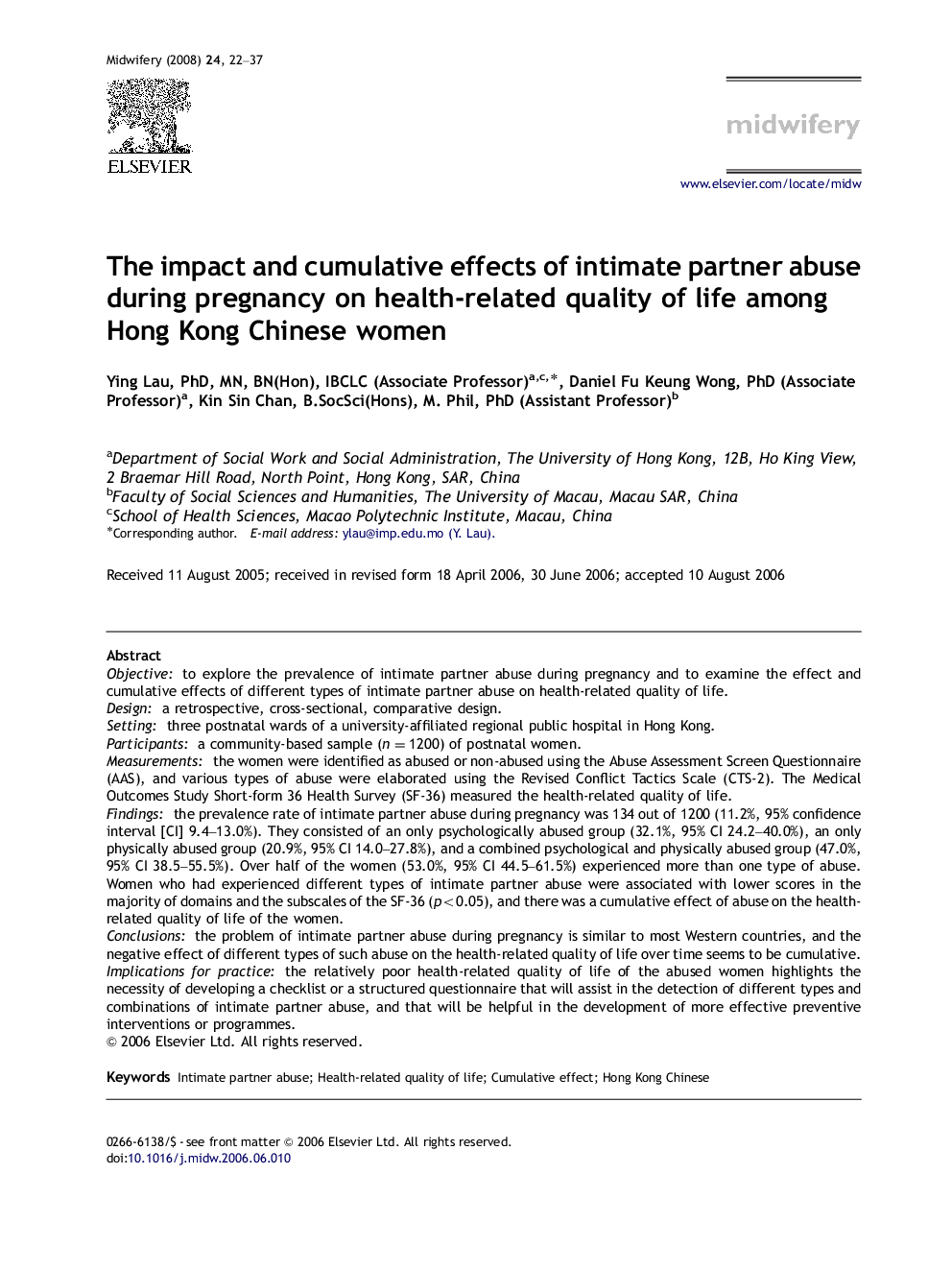 The impact and cumulative effects of intimate partner abuse during pregnancy on health-related quality of life among Hong Kong Chinese women
