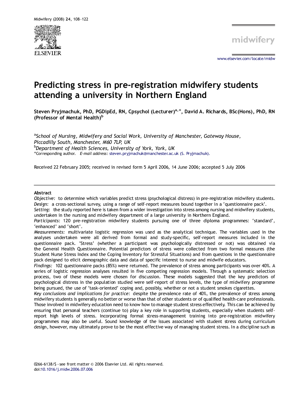 Predicting stress in pre-registration midwifery students attending a university in Northern England